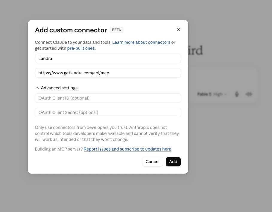 Claude's Add custom connector dialog with the name Landra and the Landra connector URL filled in