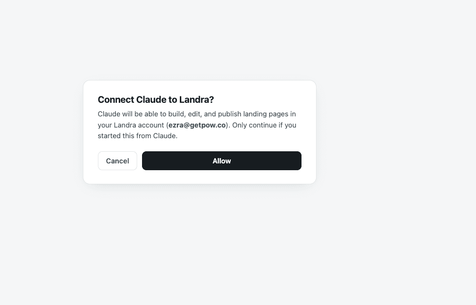 The Connect Claude to Landra approval screen showing the account email and the Allow button
