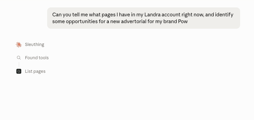 A Claude chat asking what pages are in the Landra account, with Claude calling Landra's List pages tool