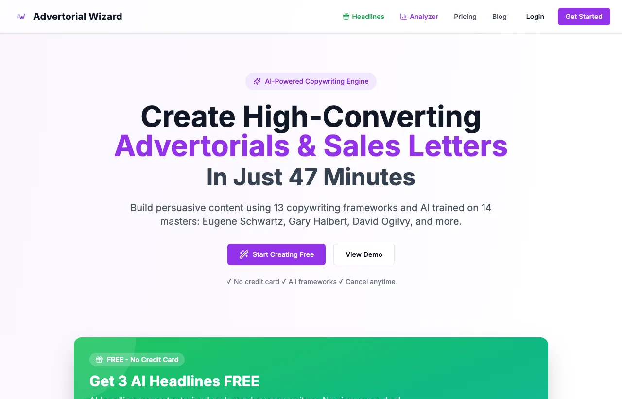 Advertorial Wizard's homepage promising to build advertorials from 13 copywriting frameworks in 47 minutes — a copy-focused generator that outputs advertorial text blocks you still have to place, illustrate, and publish yourself