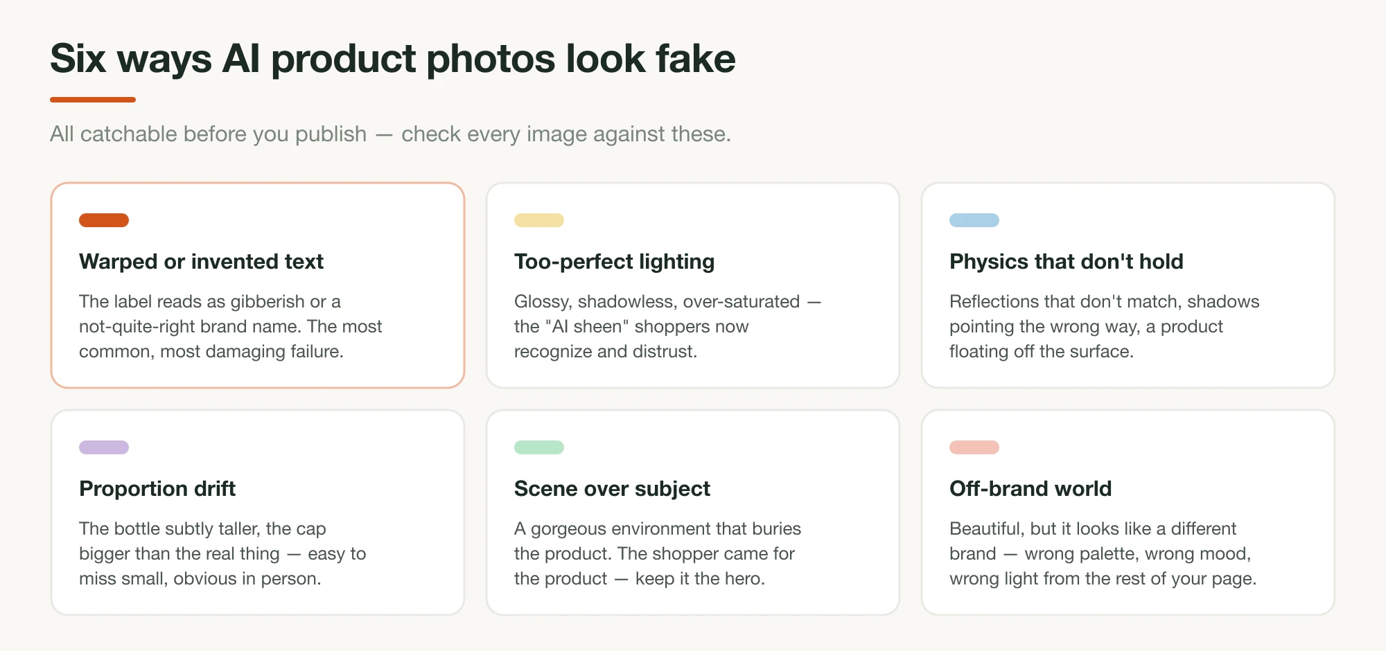 Six common AI product-photo failures: warped text, too-perfect lighting, physics that don't hold, proportion drift, scene over subject, and off-brand world