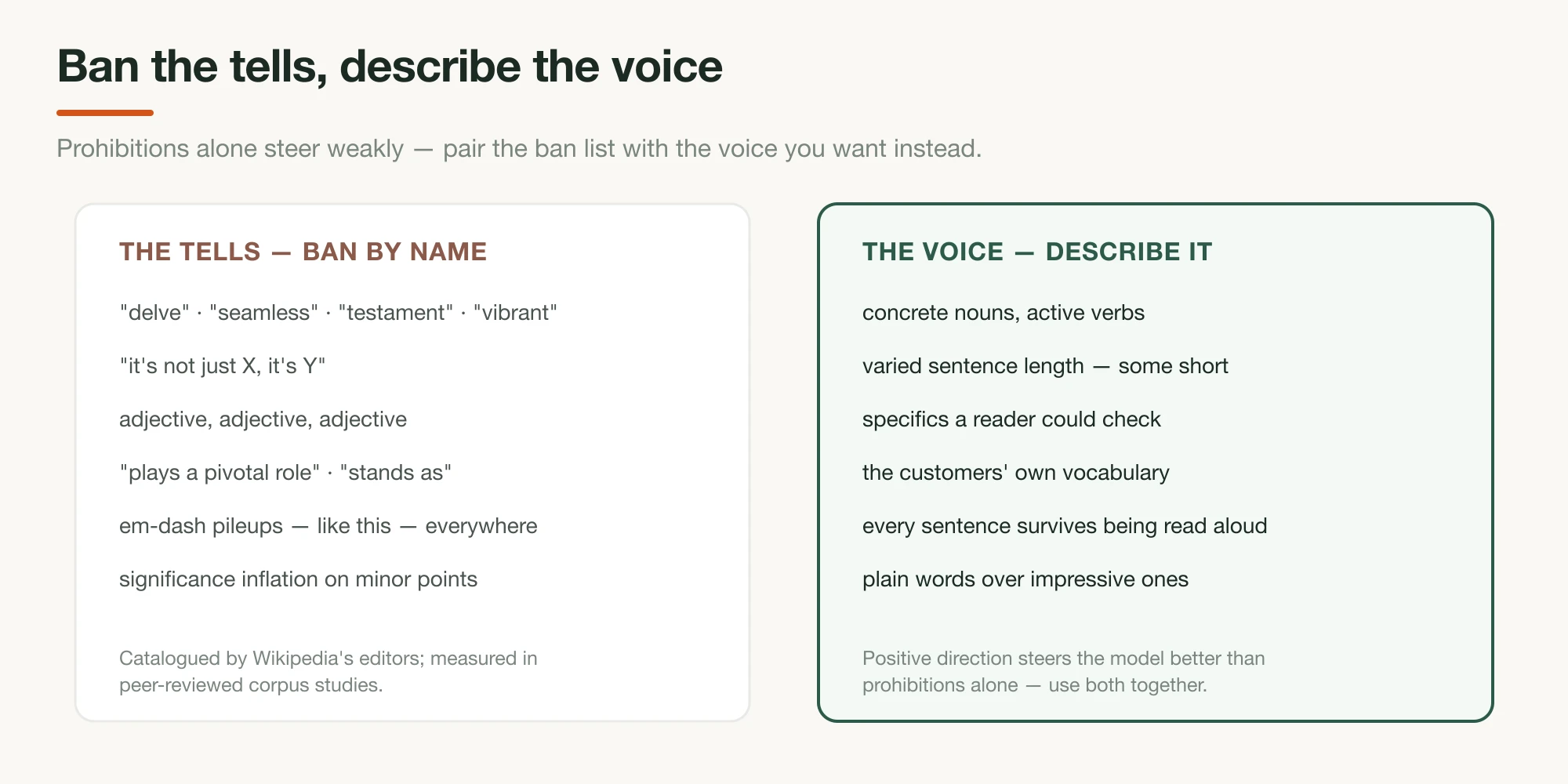 Two columns — the AI writing tells to ban by name, like 'delve' and negative parallelisms, beside the voice to describe instead: concrete nouns, varied sentences, checkable specifics