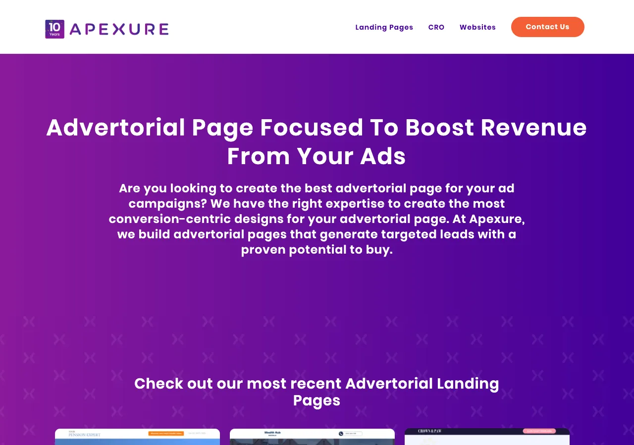 The Apexure advertorial-page service page — 'Advertorial Page Focused To Boost Revenue From Your Ads', a custom design service across industries