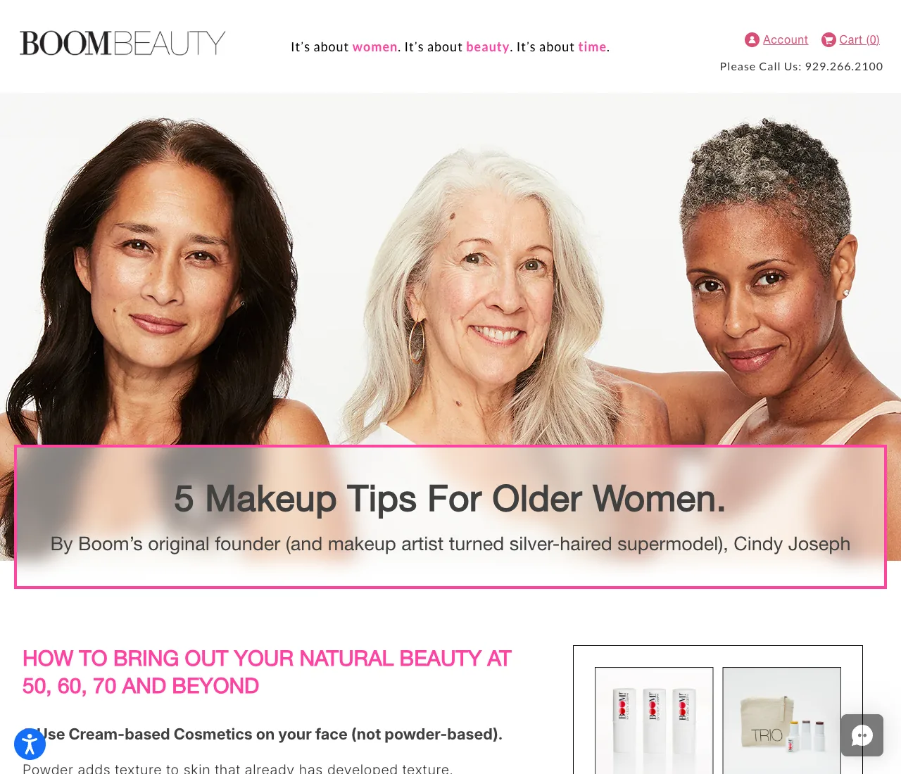 A BOOM! by Cindy Joseph presell page titled '5 Makeup Tips For Older Women' — a magazine-style tips article with a photo of three women before any product is introduced