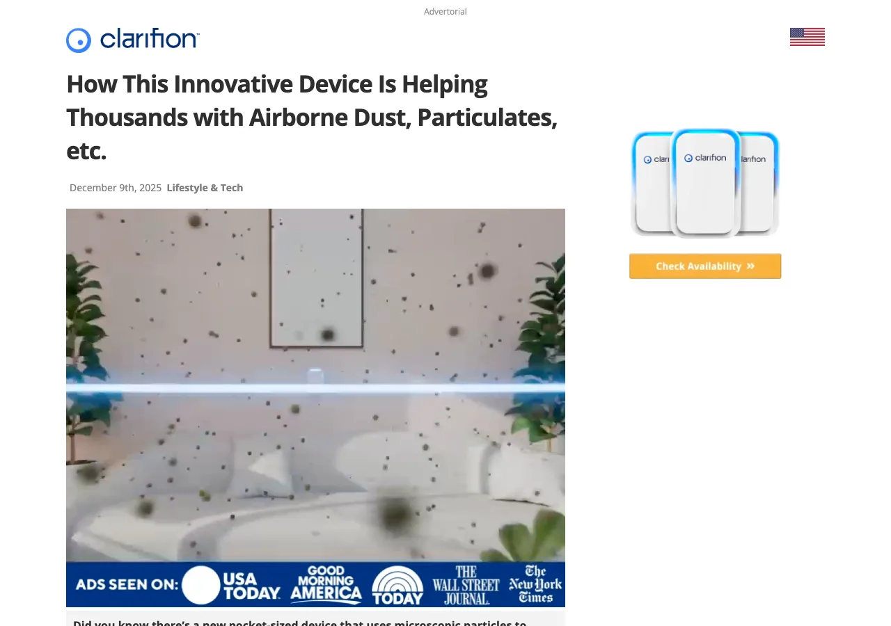 Clarifion's live advertorial page with a clear advertorial disclosure label above an editorial-style headline and body