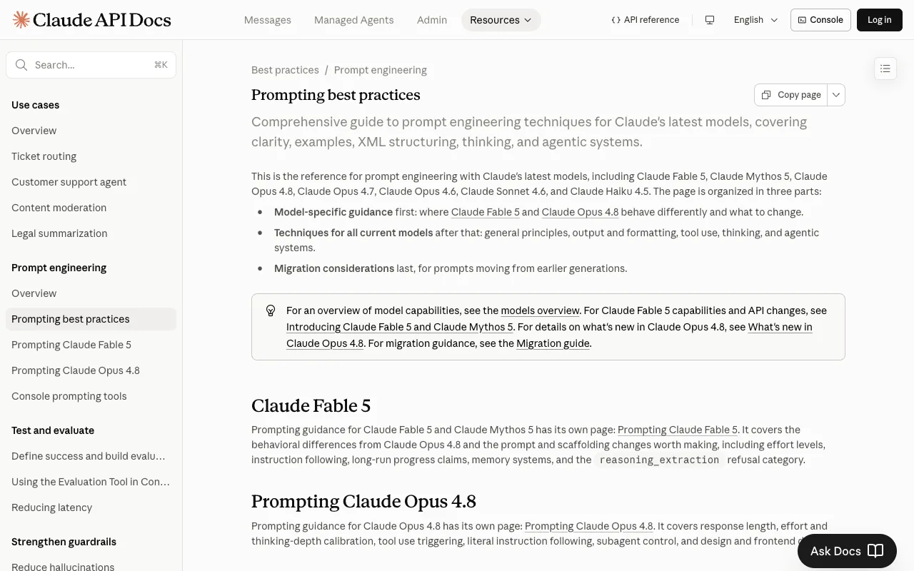 Anthropic's 'Prompting best practices' documentation page, the primary source for the clarity, examples, and self-check techniques in this list