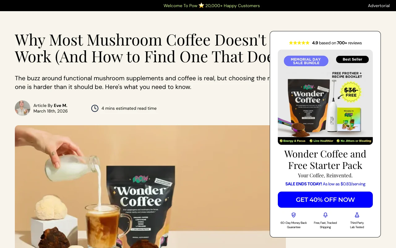 A real direct-response advertorial landing page, with a problem-led headline, an editorial narrative body, proof elements, and a single call-to-action to the product