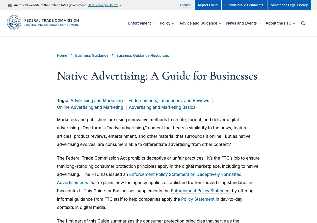 The U.S. FTC's 'Native Advertising: A Guide for Businesses' page on ftc.gov, the primary source for advertorial disclosure rules