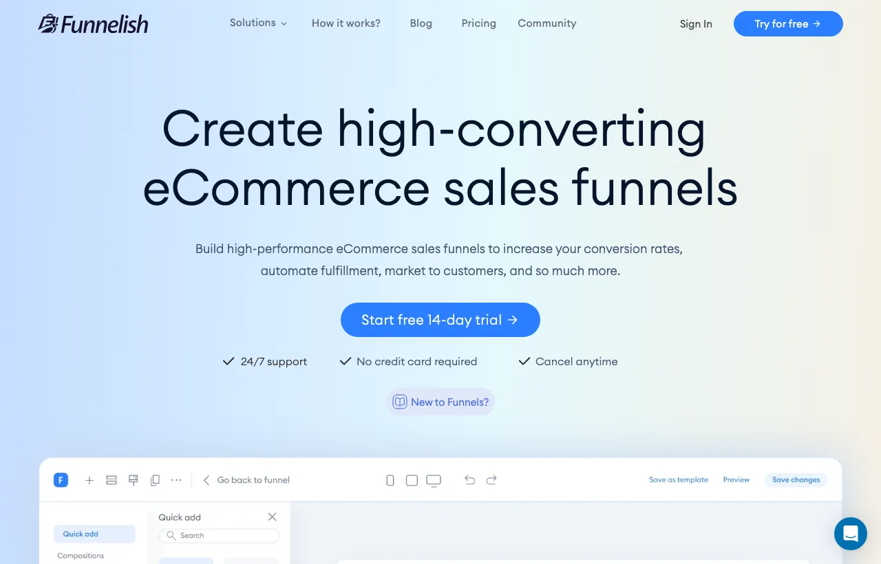 The Funnelish homepage promoting its ecommerce funnel builder with advertorial and checkout steps
