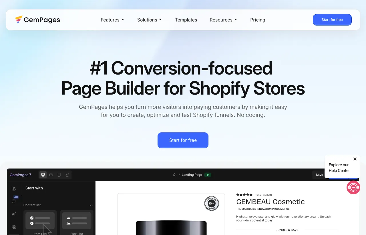 The GemPages homepage positioning it as a conversion-focused page builder for Shopify stores