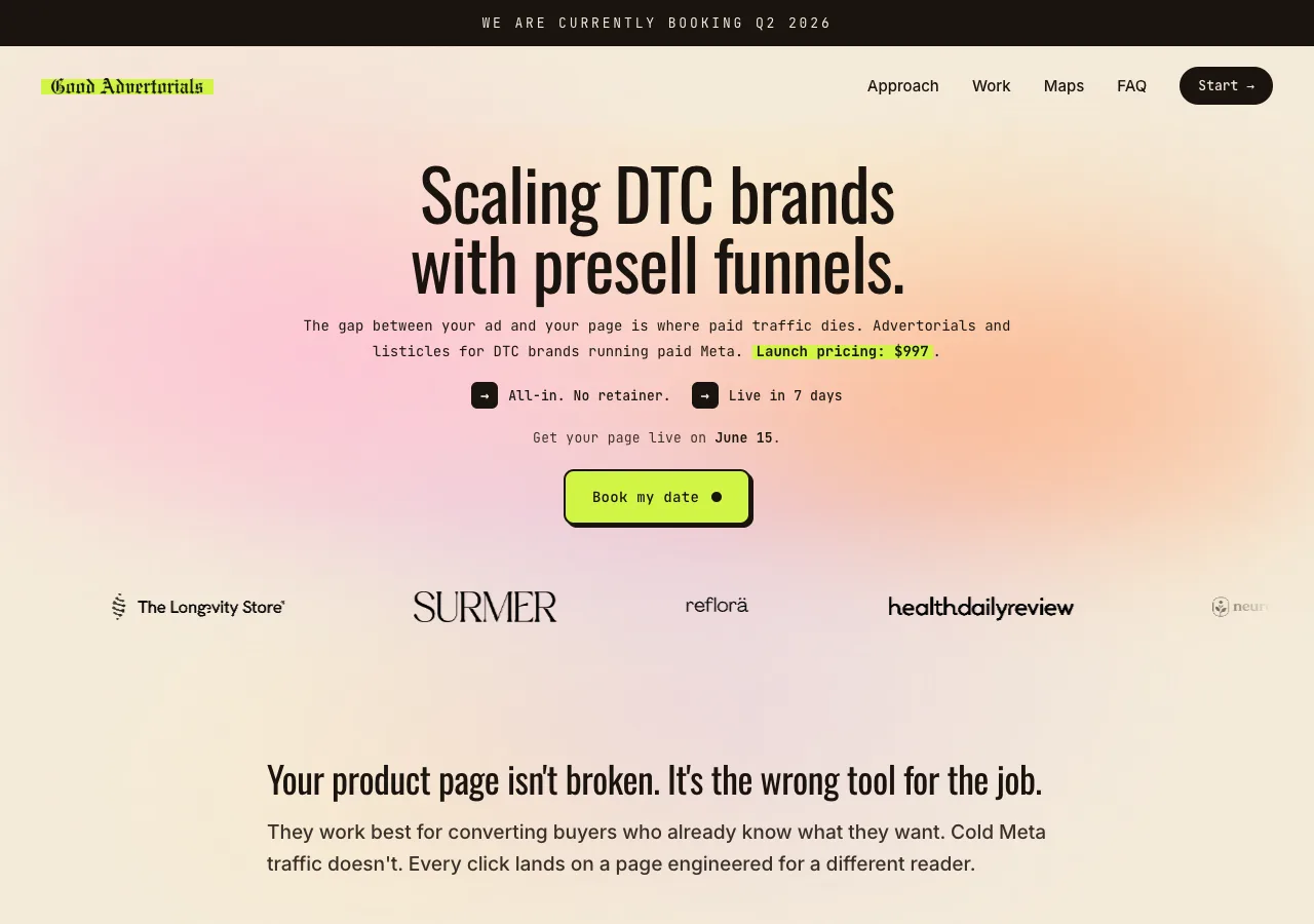 The Good Advertorials homepage — 'Scaling DTC brands with presell funnels', advertising a flat $997 launch price for a done-for-you presell page