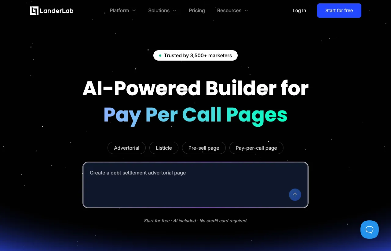 The LanderLab homepage promoting its AI builder, with page-type chips for advertorial, listicle, pre-sell, and pay-per-call