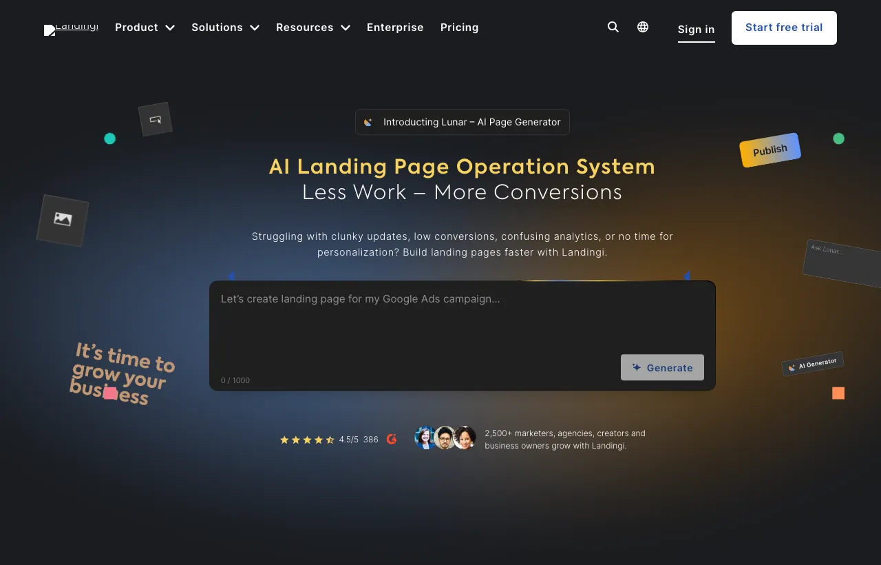 The Landingi homepage promoting its AI landing page generator and large template library