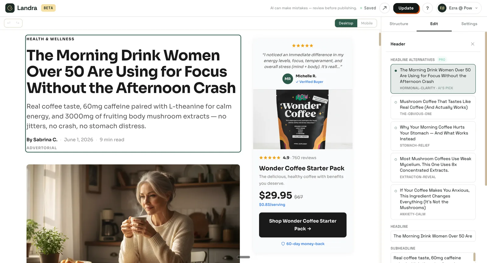 The Landra editor showing a generated advertorial with an AI alternatives panel for refining the copy