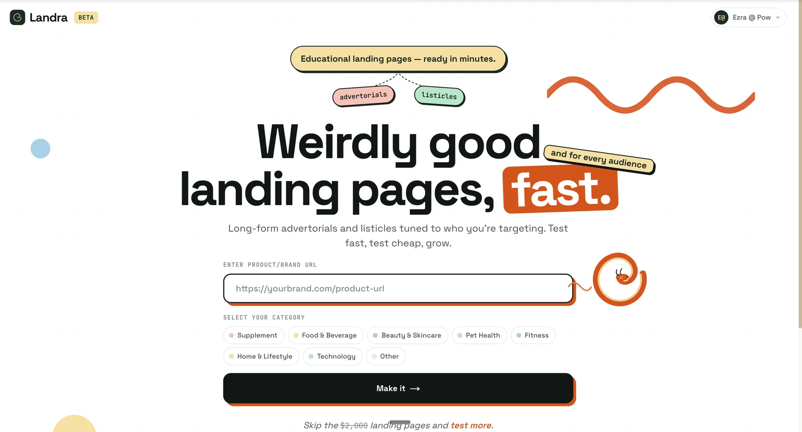 The Landra homepage — paste a brand URL to generate a long-form advertorial or listicle landing page
