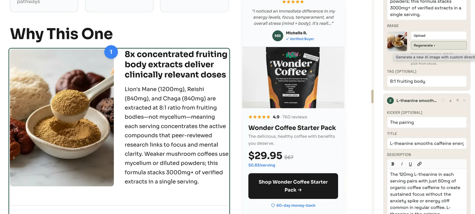 Landra regenerating an on-brand image inside a generated page — the images are produced with the copy and structure, not sourced separately