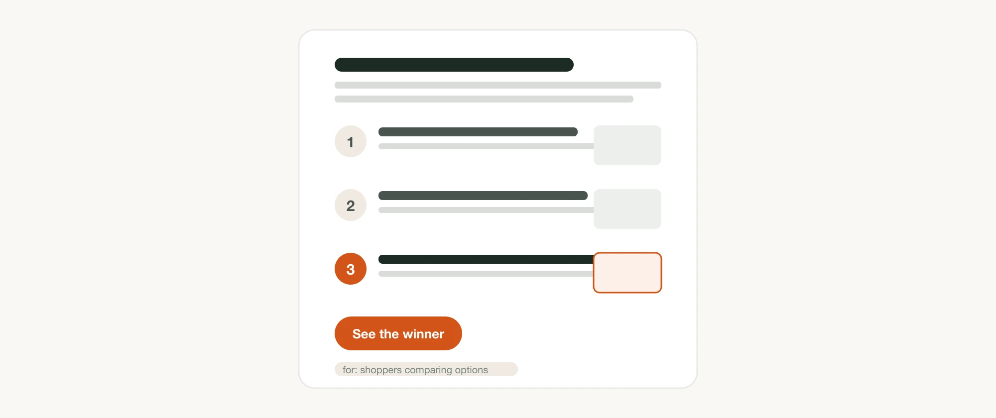 A listicle landing page mockup — a header above ranked items numbered one, two, and three, with the top pick highlighted in ember and a 'See the winner' button
