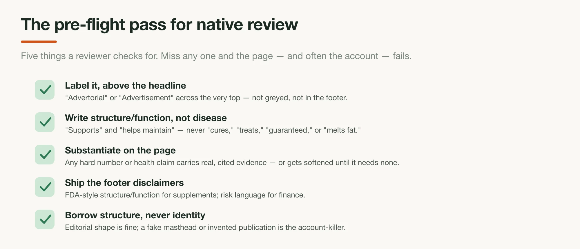 A five-item pre-flight checklist for passing native ad landing-page review — label above the headline, structure/function claims, on-page substantiation, footer disclaimers, and no publisher impersonation