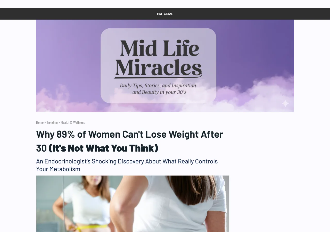 The Obvi advertorial headlined 'Why 89% of Women Can't Lose Weight After 30', presented under an invented 'Mid Life Miracles' publication masthead