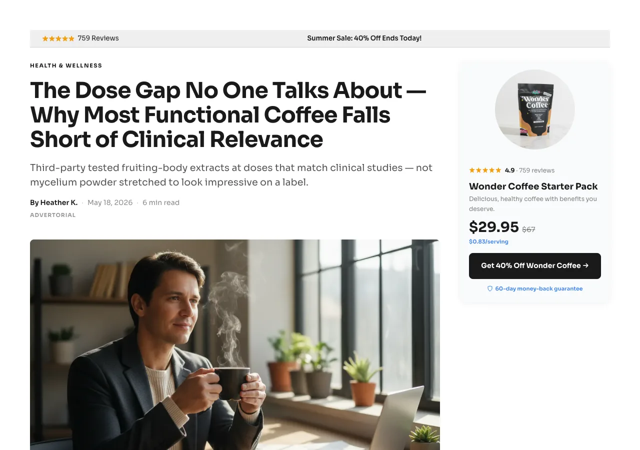 A Pow pre-sell page headlined 'The Dose Gap No One Talks About', written as an editorial article with a product card alongside