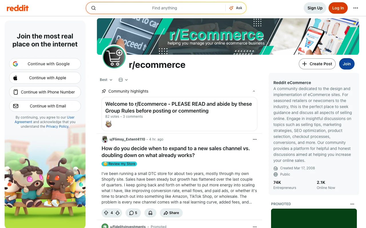The r/ecommerce subreddit front page, showing operator discussion threads about platforms, conversion, and checkout