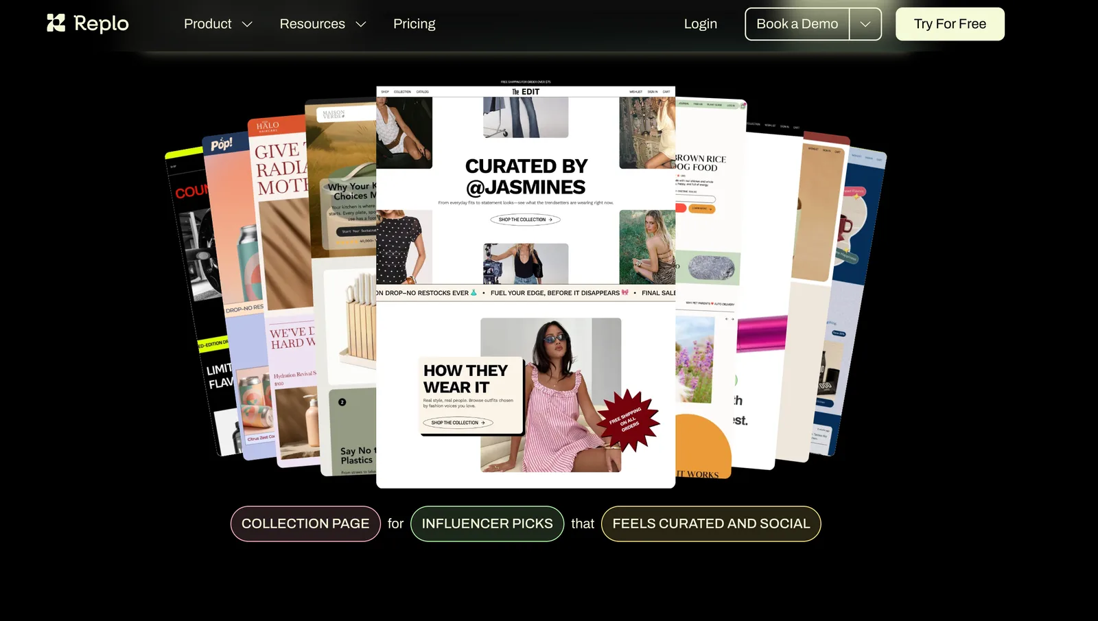 Replo's marketing site showing a fan of Shopify storefront page templates built in its visual editor