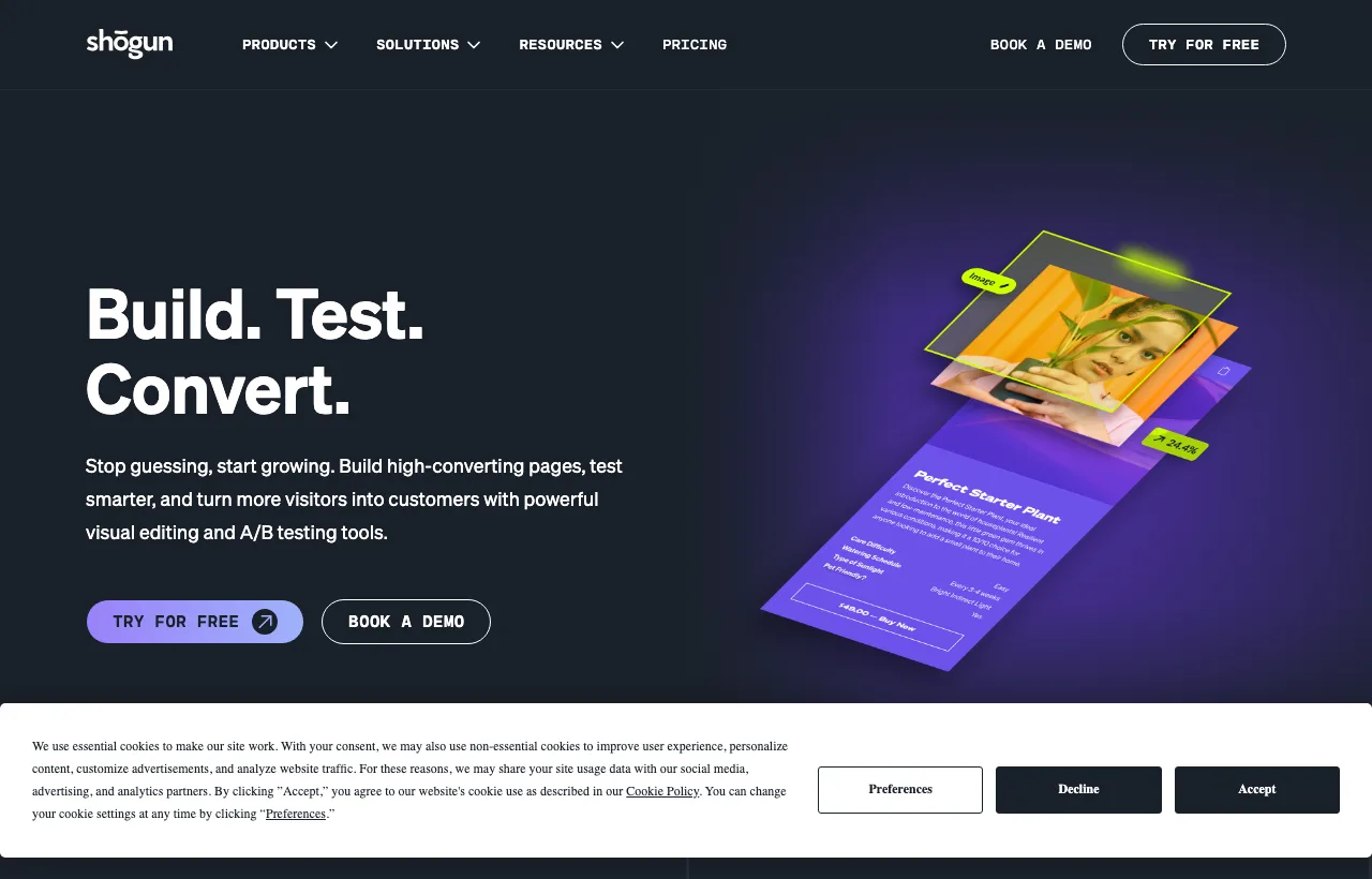 The Shogun homepage positioning it as an ecommerce page builder and optimization platform for Shopify and BigCommerce