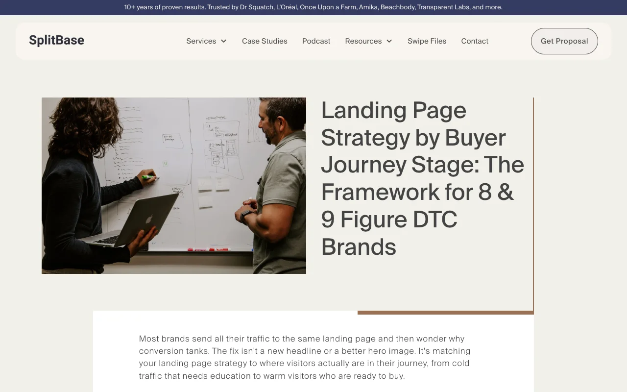 SplitBase's article 'Landing Page Strategy by Buyer Journey Stage: The Framework for 8 and 9 Figure DTC Brands'