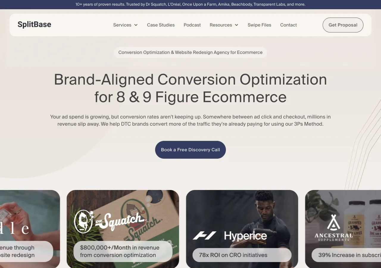 The SplitBase homepage — a conversion-optimization agency for 8- and 9-figure ecommerce brands, with client results from Dr. Squatch and Hyperice