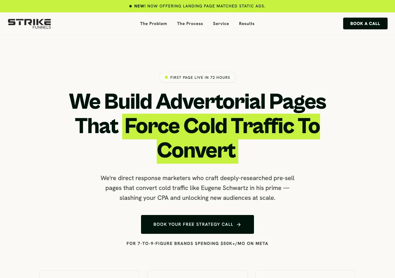 The StrikeFunnels homepage — 'We Build Advertorial Pages That Force Cold Traffic To Convert', advertising a first page live in 72 hours for brands spending $50k+/mo on Meta