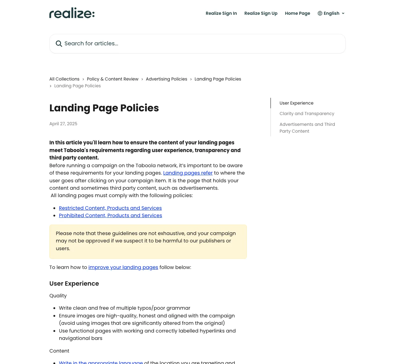 A screenshot of Taboola's Landing Page Policies help page on its Realize advertiser platform, showing the User Experience and Clarity and Transparency policy sections