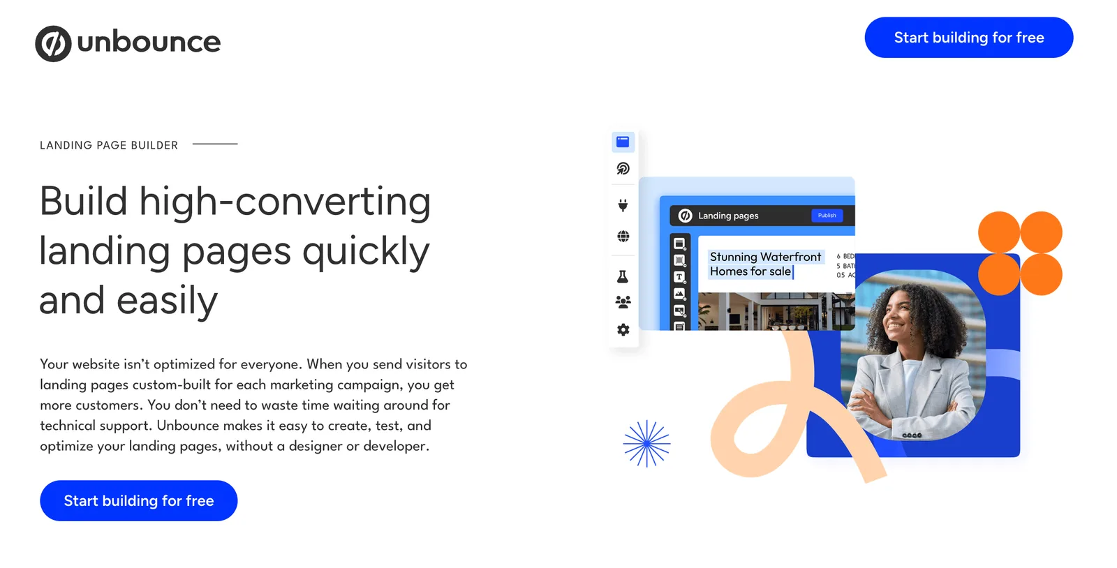The Unbounce homepage highlighting its landing page builder for high-converting paid-traffic campaigns