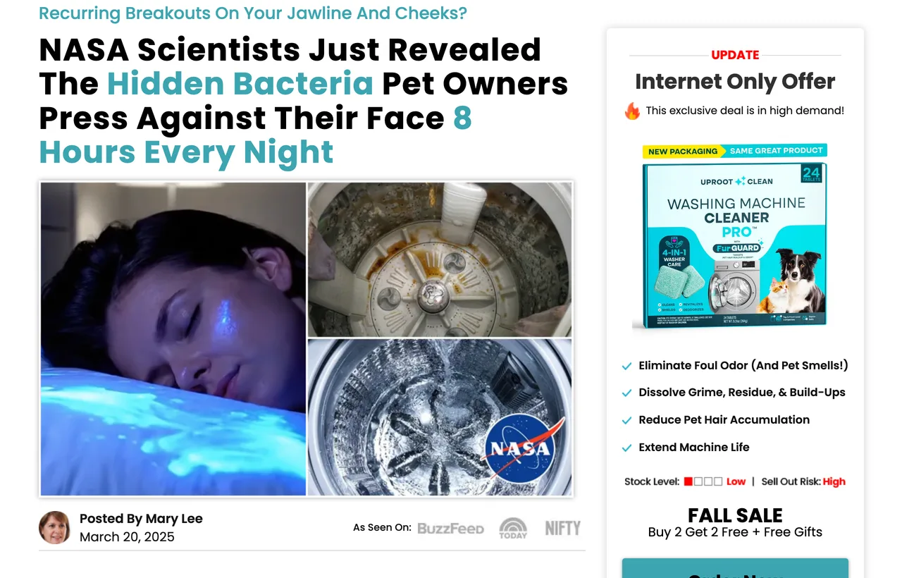 The live Uproot Clean advertorial at order.uprootclean.com, headlined “NASA Scientists Just Revealed The Hidden Bacteria Pet Owners Press Against Their Face 8 Hours Every Night” over a byline reading Posted By Mary Lee, served from Funnelish with a sidebar offer box