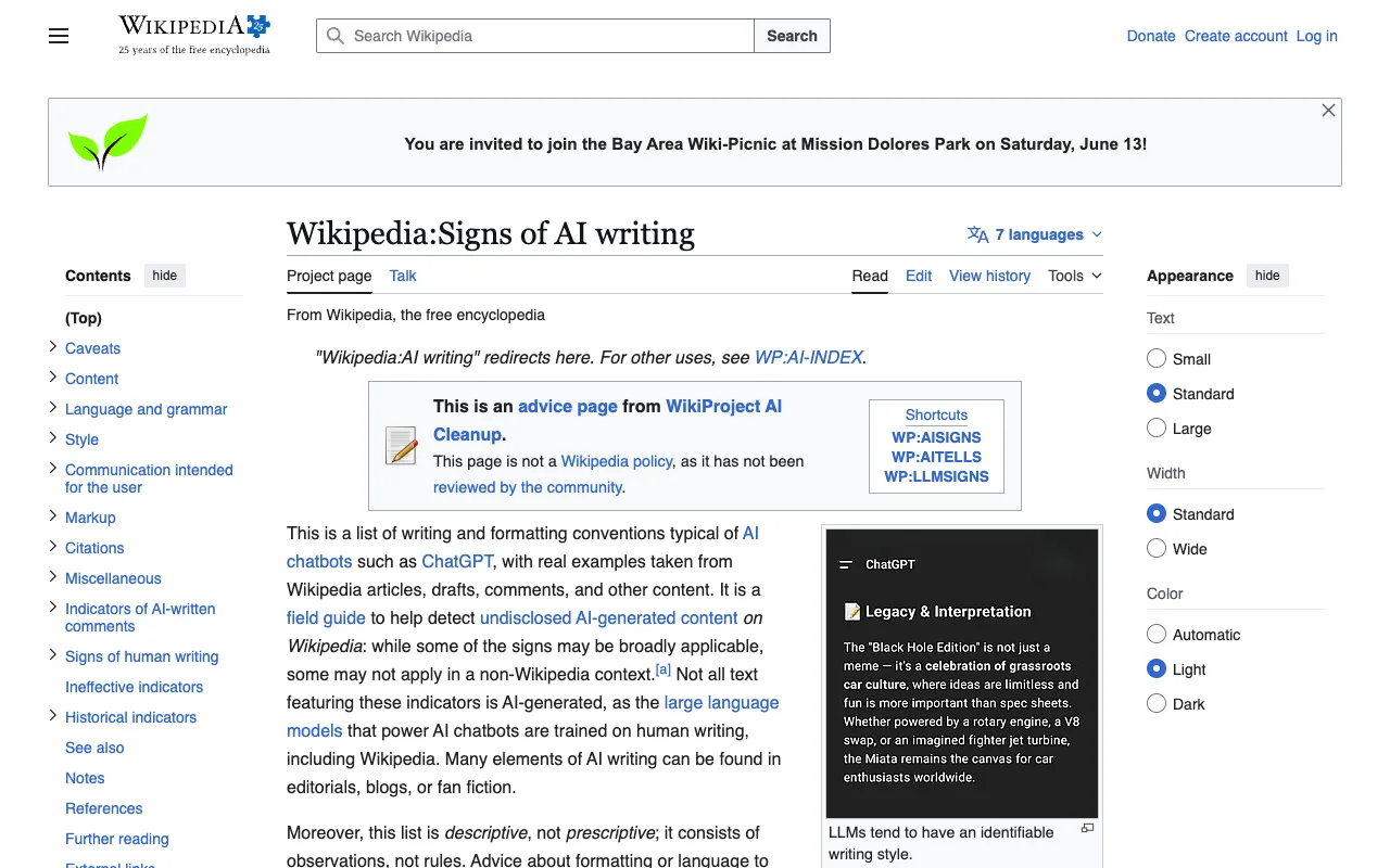 Wikipedia's editor-maintained 'Signs of AI writing' page, which catalogs overused AI vocabulary, negative parallelisms, and structural tells