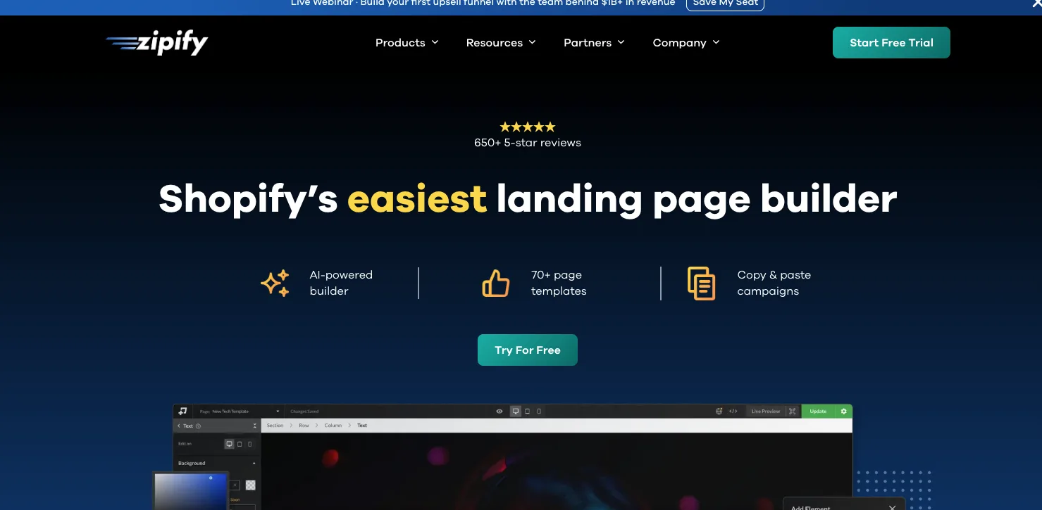 The Zipify Pages homepage positioning it as 'Shopify's easiest landing page builder' with an AI-powered builder, 70+ templates, and 650+ 5-star reviews