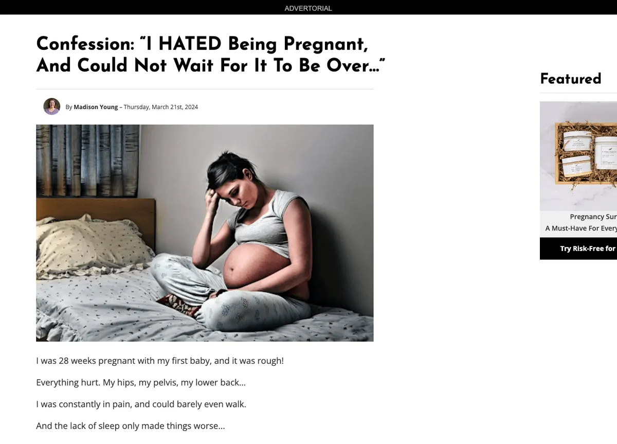 8 Sheep Organics' advertorial with an 'ADVERTORIAL' label and a dated 'By Madison Young' byline, headlined 'Confession: I HATED Being Pregnant, And Could Not Wait For It To Be Over,' above a photo of a distressed pregnant woman sitting on a bed