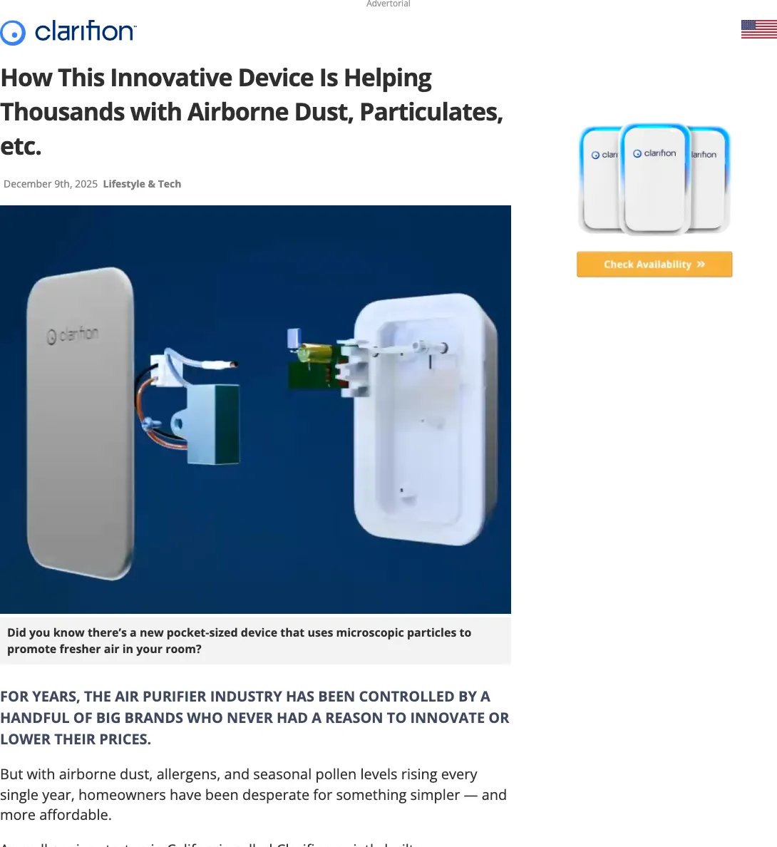 Clarifion's advertorial 'How This Innovative Device Is Helping Thousands with Airborne Dust, Particulates, etc.' with an 'Advertorial' label and a 'big brands overcharge' opening