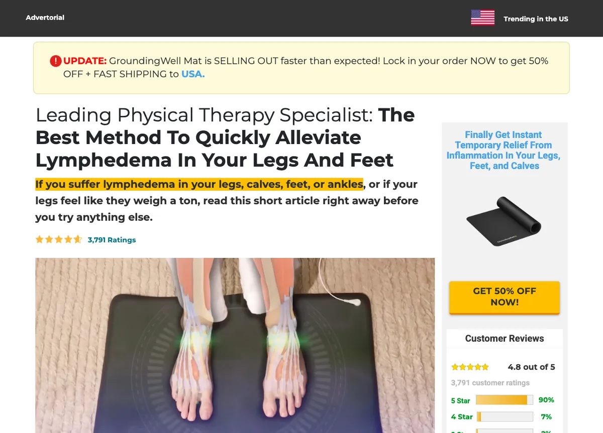 GroundingWell's advertorial with an 'Advertorial' label and a red 'selling out' urgency bar, headlined 'Leading Physical Therapy Specialist: The Best Method To Quickly Alleviate Lymphedema In Your Legs And Feet,' over a photo of feet on a grounding mat beside a 'Get 50% Off Now' offer