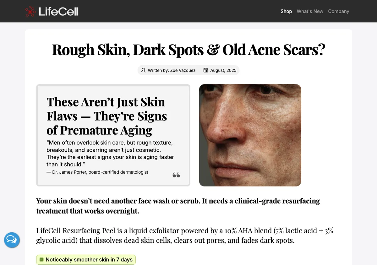 LifeCell Skin's advertorial headlined 'Rough Skin, Dark Spots & Old Acne Scars?' with a 'Written by Zoe Vazquez' byline, a pull-quote calling the symptoms 'Signs of Premature Aging,' and a close-up photo of a man's face