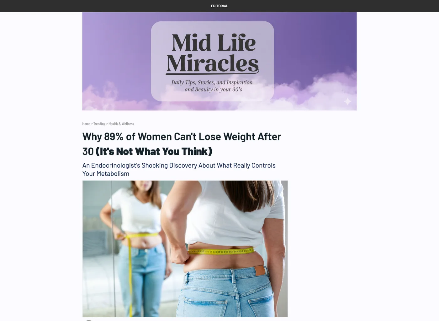 Obvi's advertorial styled as a 'Mid Life Miracles' editorial — headline 'Why 89% of Women Can't Lose Weight After 30 (It's Not What You Think)' with an endocrinologist subhead