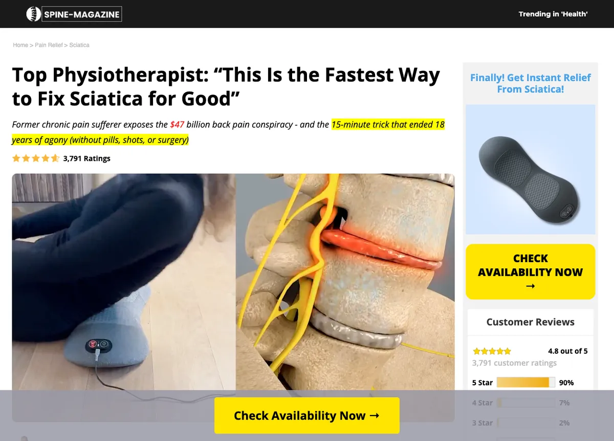 SmoothSpine's advertorial in a 'SPINE-MAGAZINE' masthead, headlined 'Top Physiotherapist: This Is the Fastest Way to Fix Sciatica for Good,' with a '$47 billion back pain conspiracy' subhead, a 3,791-rating star line, product photos, and a 'Check Availability' offer