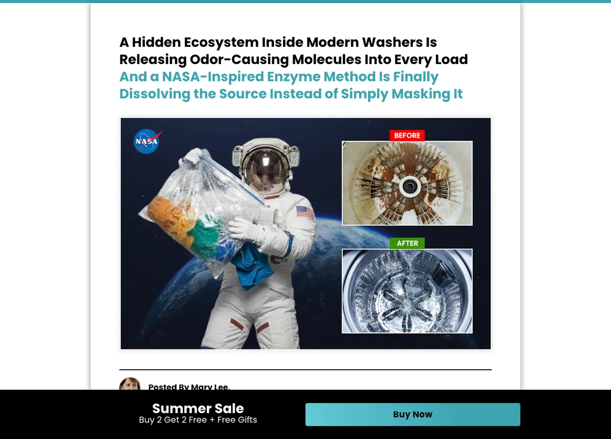 Uproot Clean's advertorial headlined 'A Hidden Ecosystem Inside Modern Washers Is Releasing Odor-Causing Molecules Into Every Load,' with a NASA-inspired enzyme sub-headline, an astronaut photo, before/after grime images, and a 'Posted By Mary Lee' byline