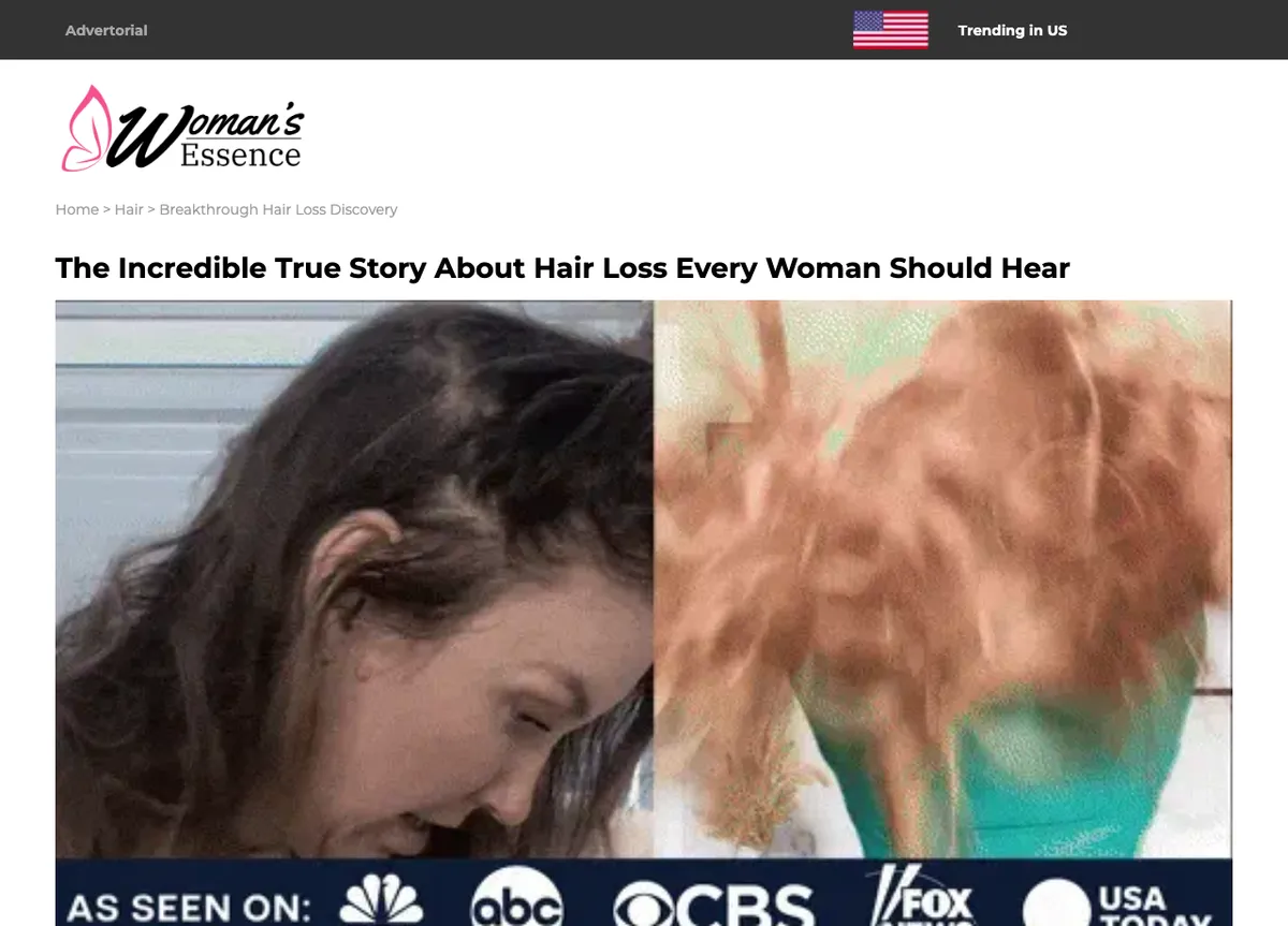 Zephta's advertorial in a 'Woman's Essence' masthead with an 'Advertorial' label, headlined 'The Incredible True Story About Hair Loss Every Woman Should Hear,' showing before/after hair photos and an 'As Seen On' bar of NBC/ABC/CBS/Fox/USA Today logos