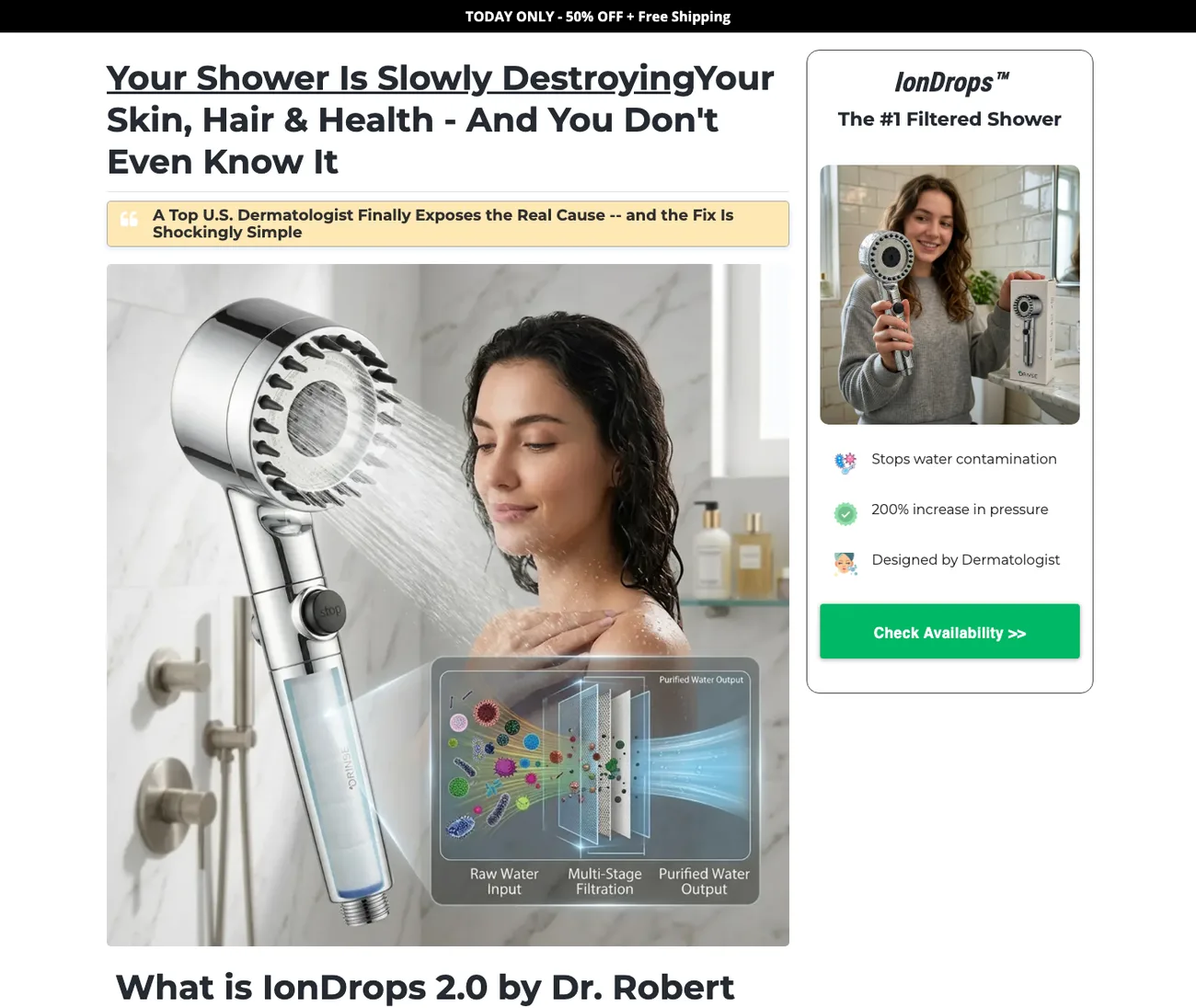 The top of the Drivse / IonDrops advertorial — the fear-hook headline, a named dermatologist, a lifestyle photo with a filtration diagram, and the offer in the sidebar
