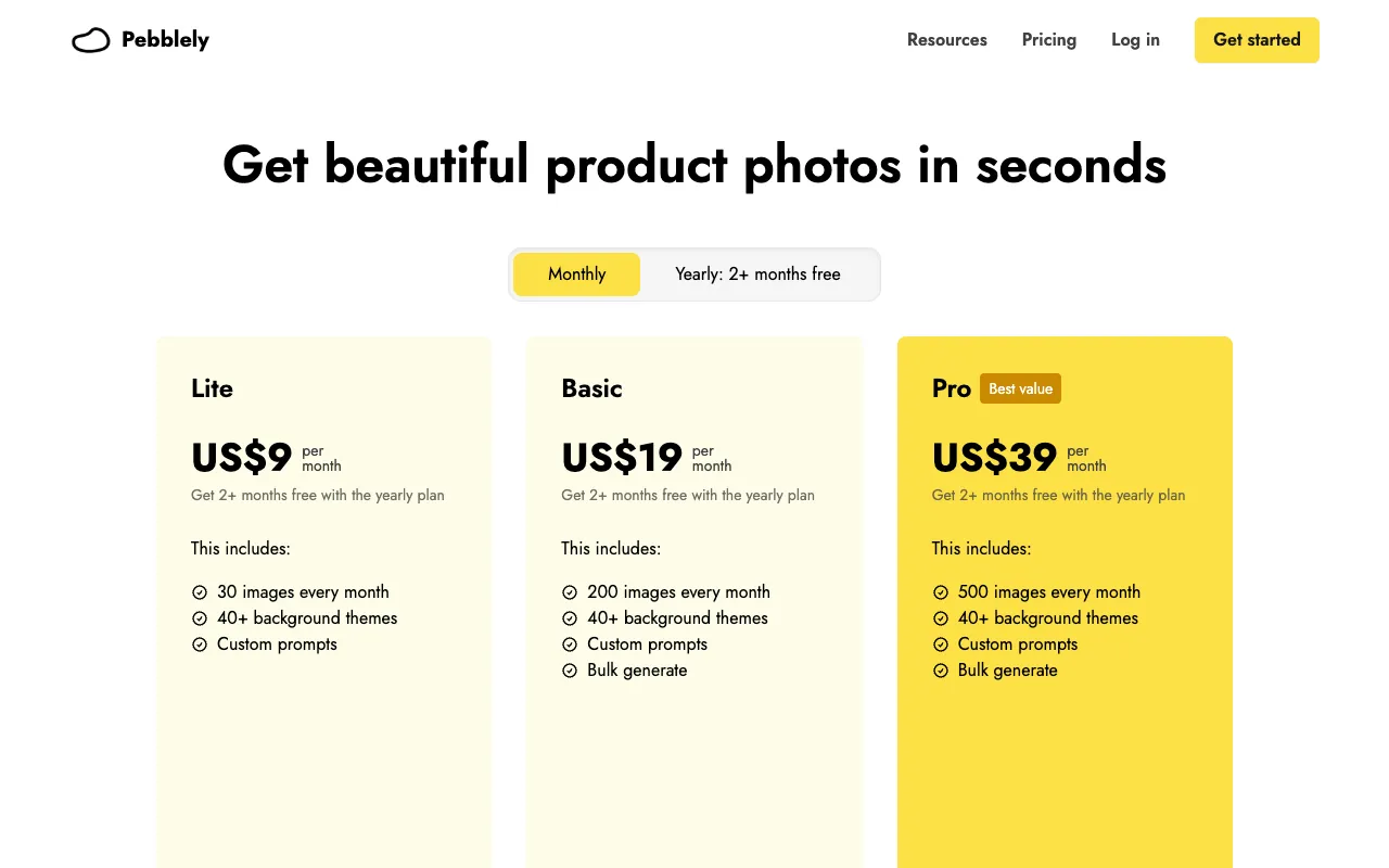 Pebblely's pricing page showing Lite at US$9/month for 30 images, Basic at US$19/month for 200, and Pro at US$39/month for 500