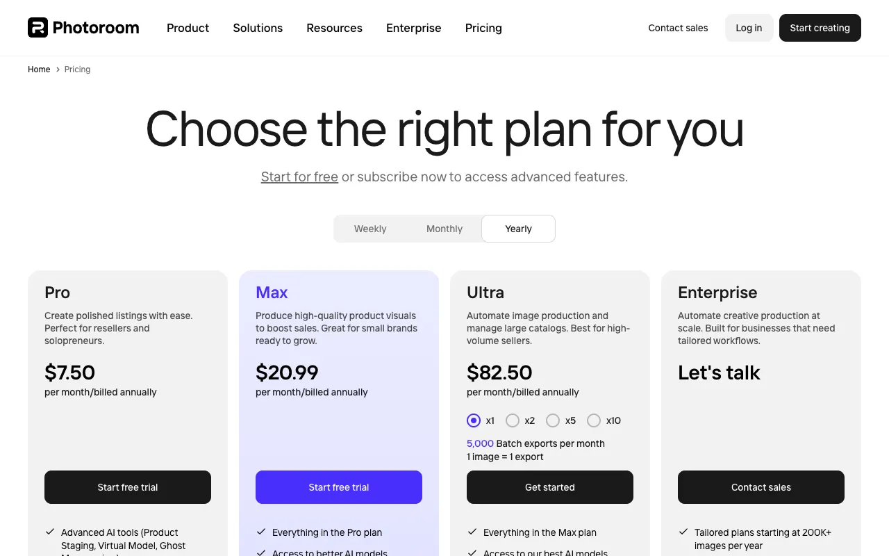 Photoroom's pricing page showing Pro at $7.50, Max at $20.99, and Ultra at $82.50 per month billed annually, plus a free starting tier