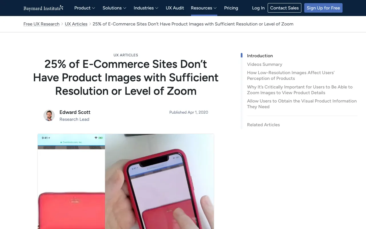 Baymard Institute research article headlined '25% of e-commerce sites don't have product images with sufficient resolution or level of zoom'