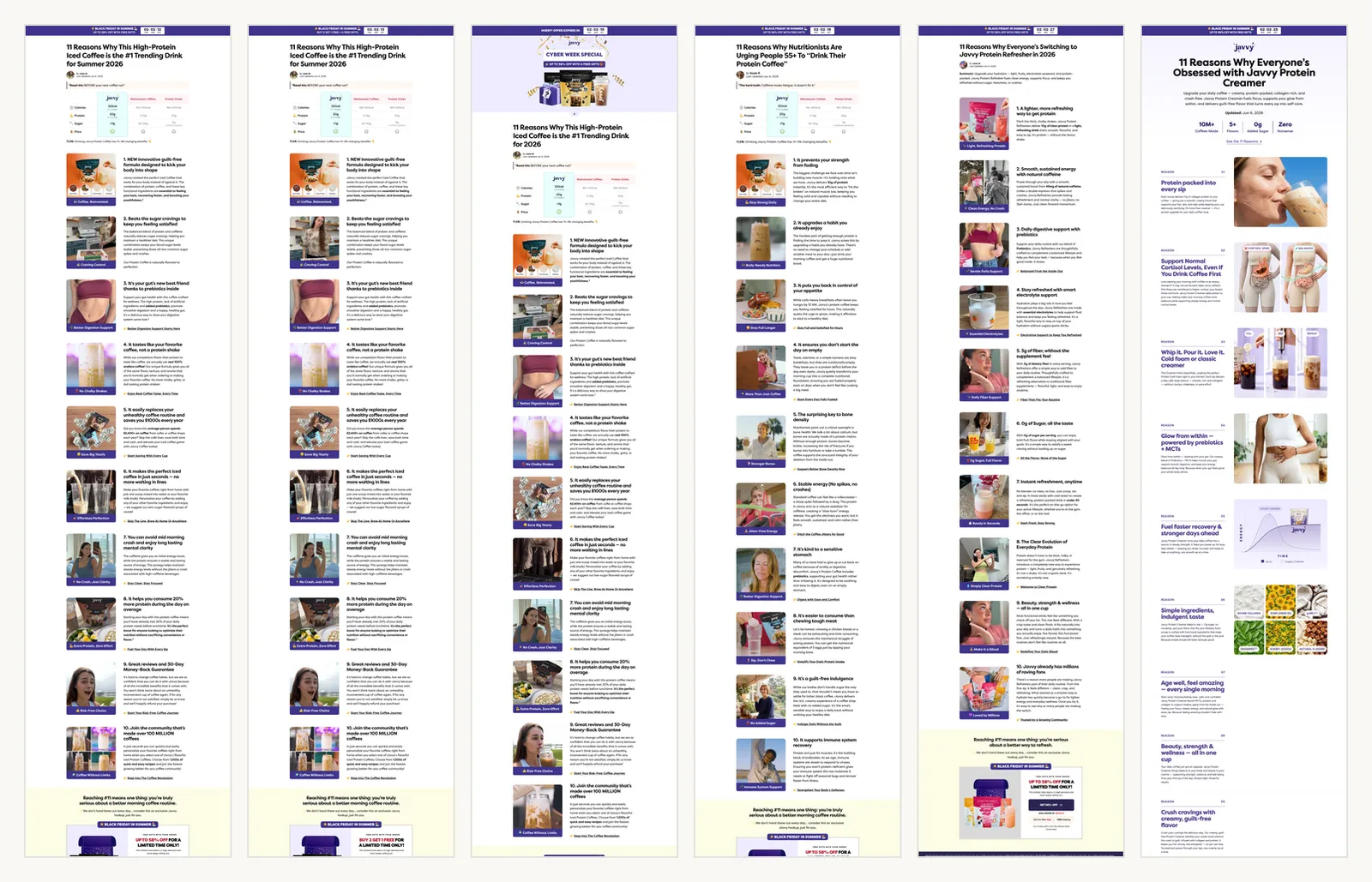 Six live Javvy landing pages shown as full-length thumbnails side by side — every one has the same structure: a purple promo bar, an '11 Reasons Why' headline, a long stack of numbered reason cards, and an offer at the bottom