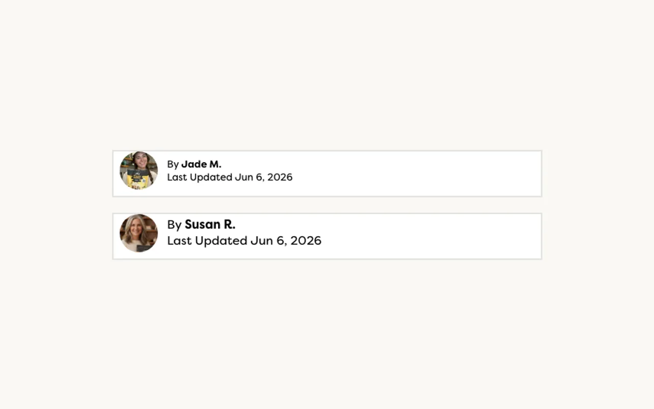 Two Javvy listicle bylines stacked — 'By Jade M. · Last Updated Jun 6, 2026' from the iced-coffee page and 'By Susan R. · Last Updated Jun 6, 2026' from the 55+ page — each with a small author headshot