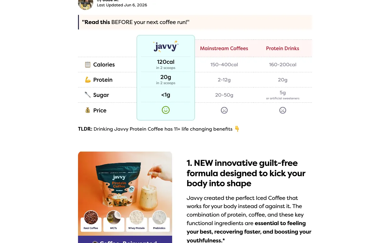 The iced-coffee page above the fold — an editorial callout, then a nutrition comparison table putting Javvy (120 calories, 20g protein, under 1g sugar) against 'Mainstream Coffees' and 'Protein Drinks', then the first reason